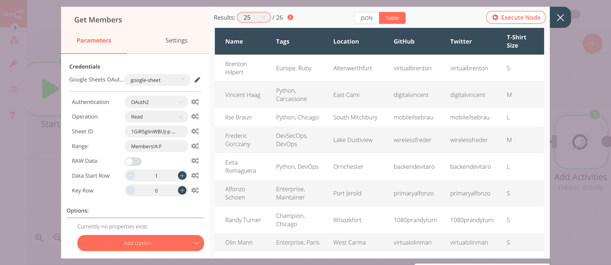 Fetching members’ data using Google Sheets node