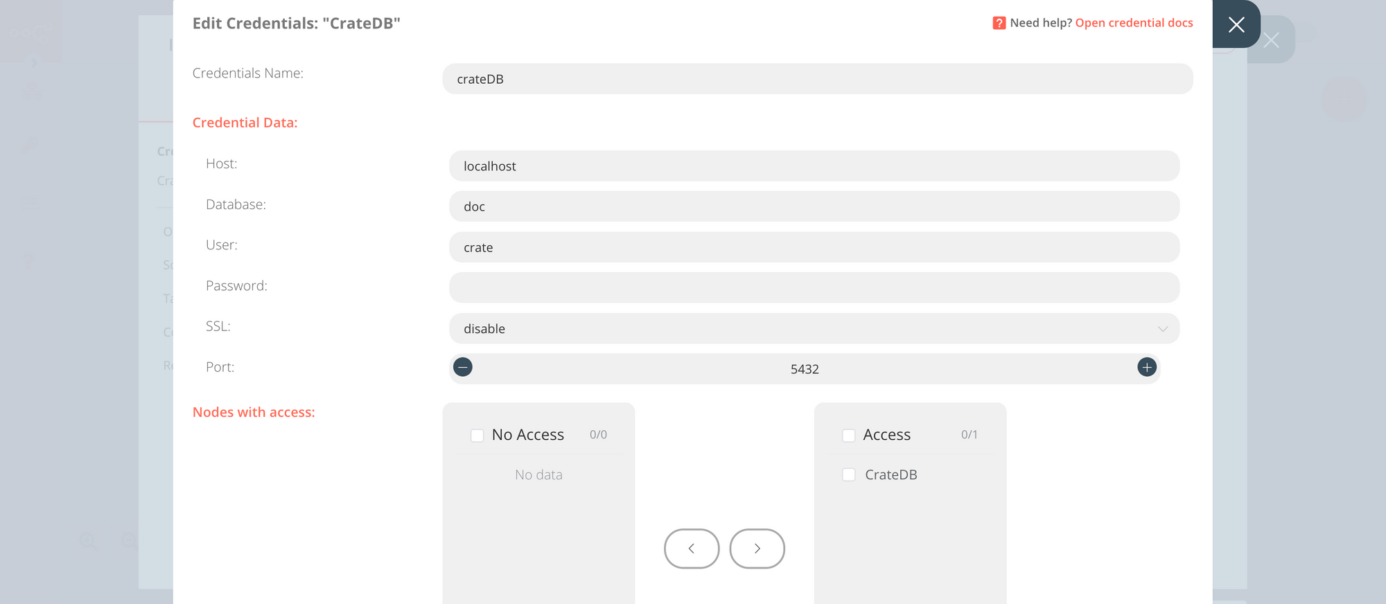 CrateDB credentials configuration