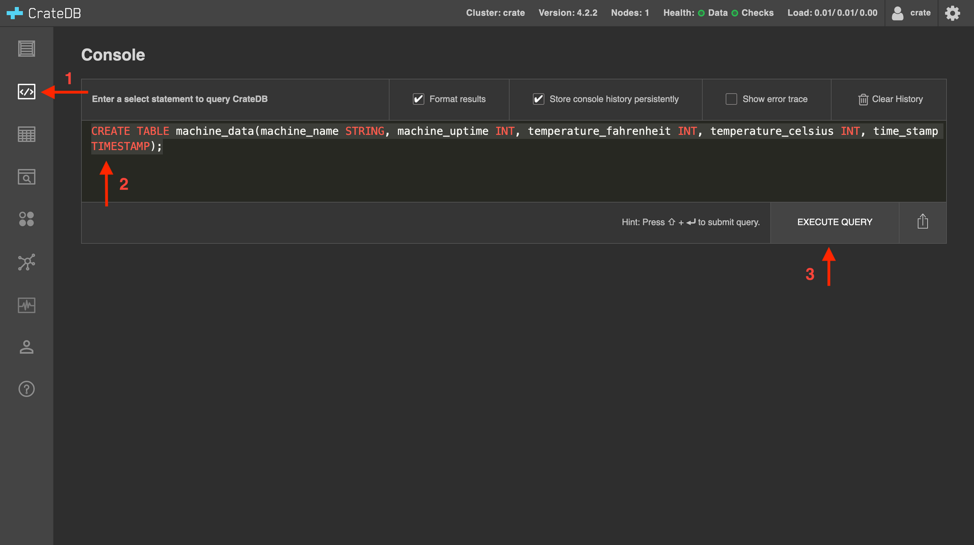 Creating a table in CrateDB