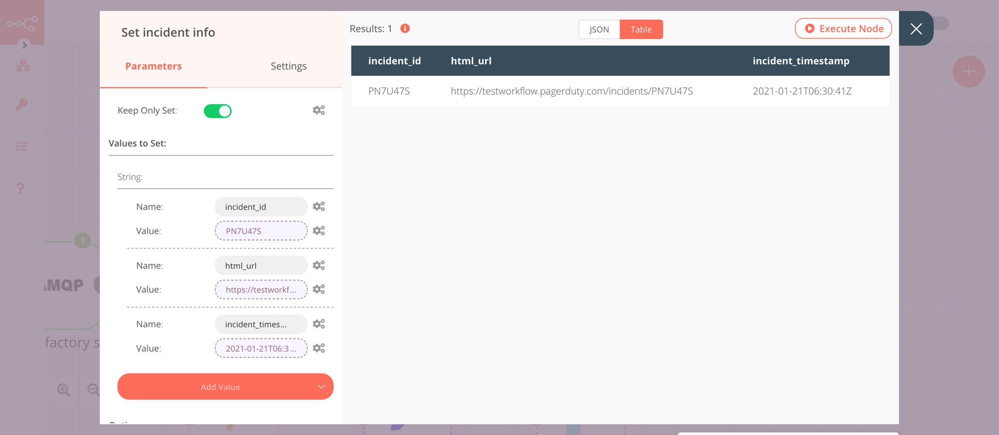 Output of Set node for incident information