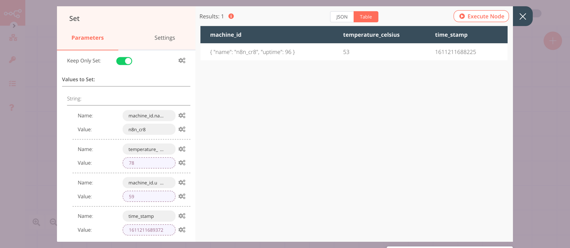 Output for the Set node