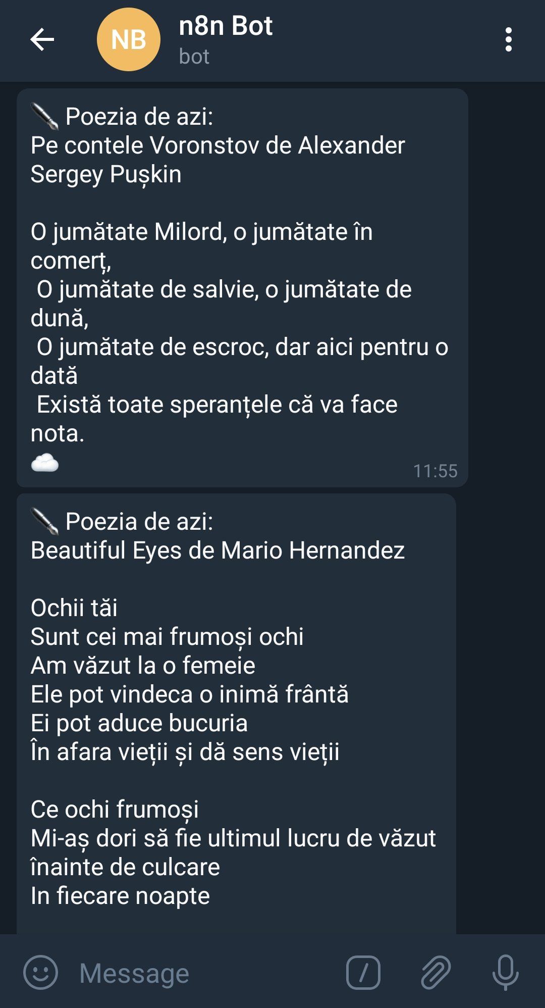 Message of a poem in a Telegram chat