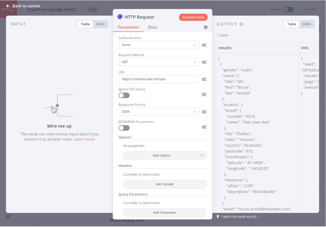 The execution of the HTTP Request node