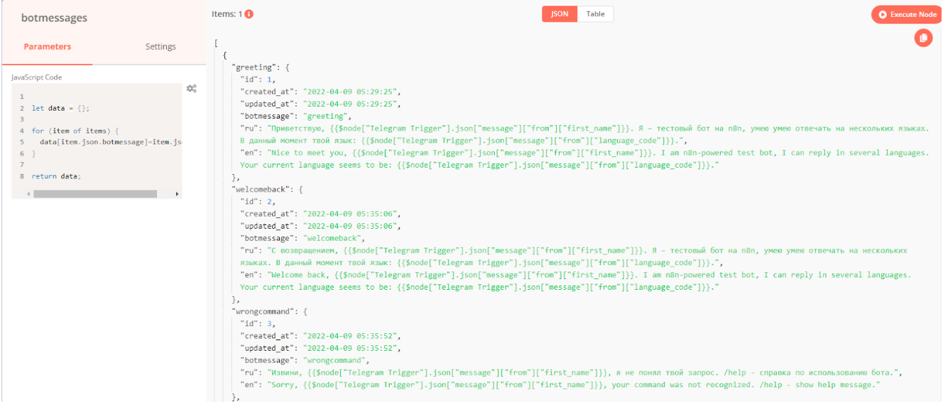 Function node configuration for bot messages