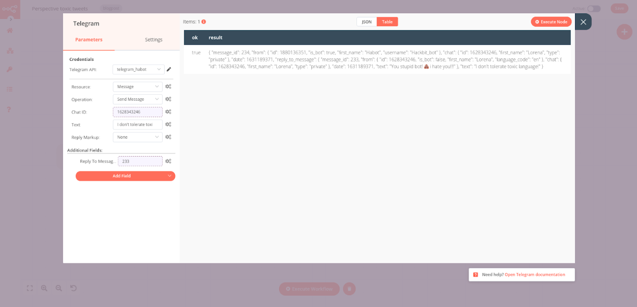 Configuration of the Telegram node