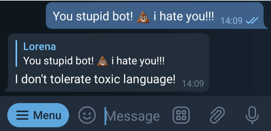 Bot response to a toxic message in Telegram
