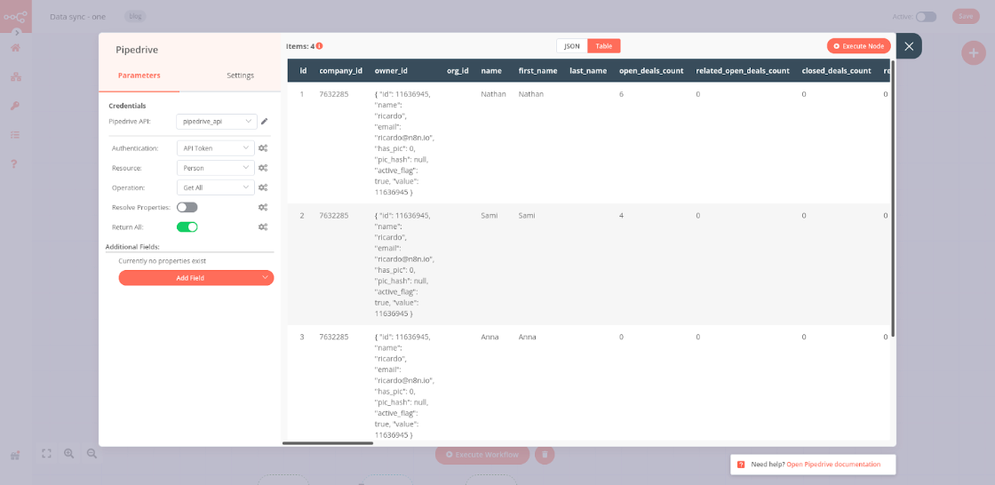 Configuration of Pipedrive node to get data