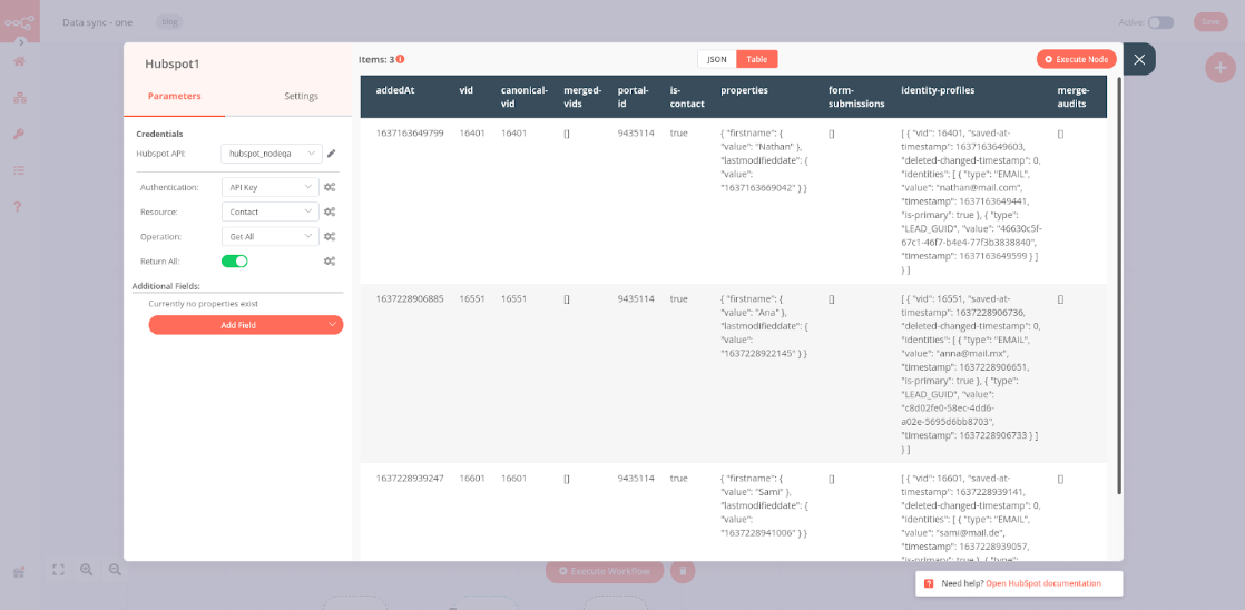 Configuration of HubSpot node to get data