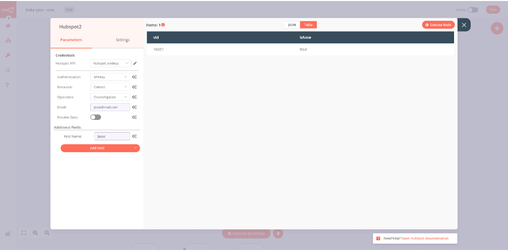 Configuration of HubSpot node to update data