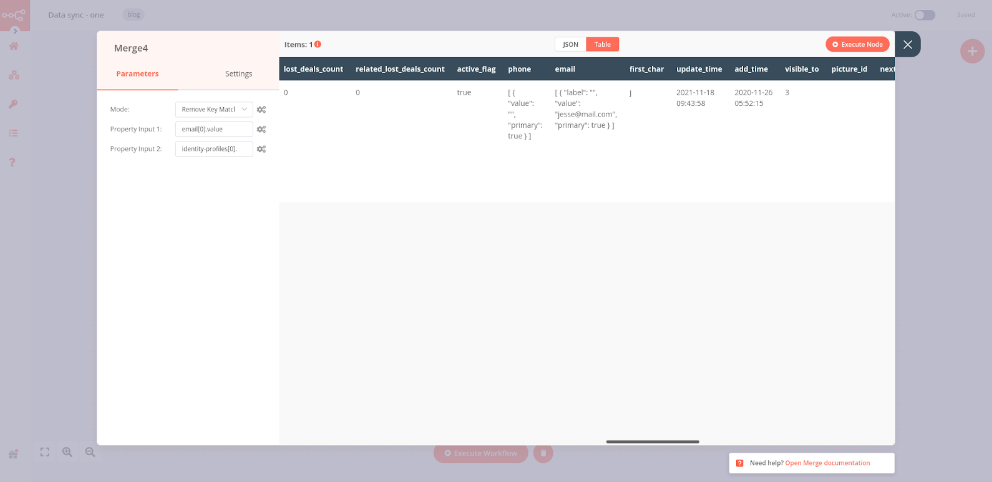 Output of Merge node