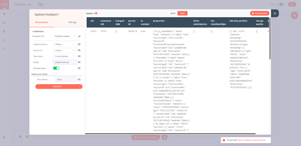 Output of updated HubSpot node