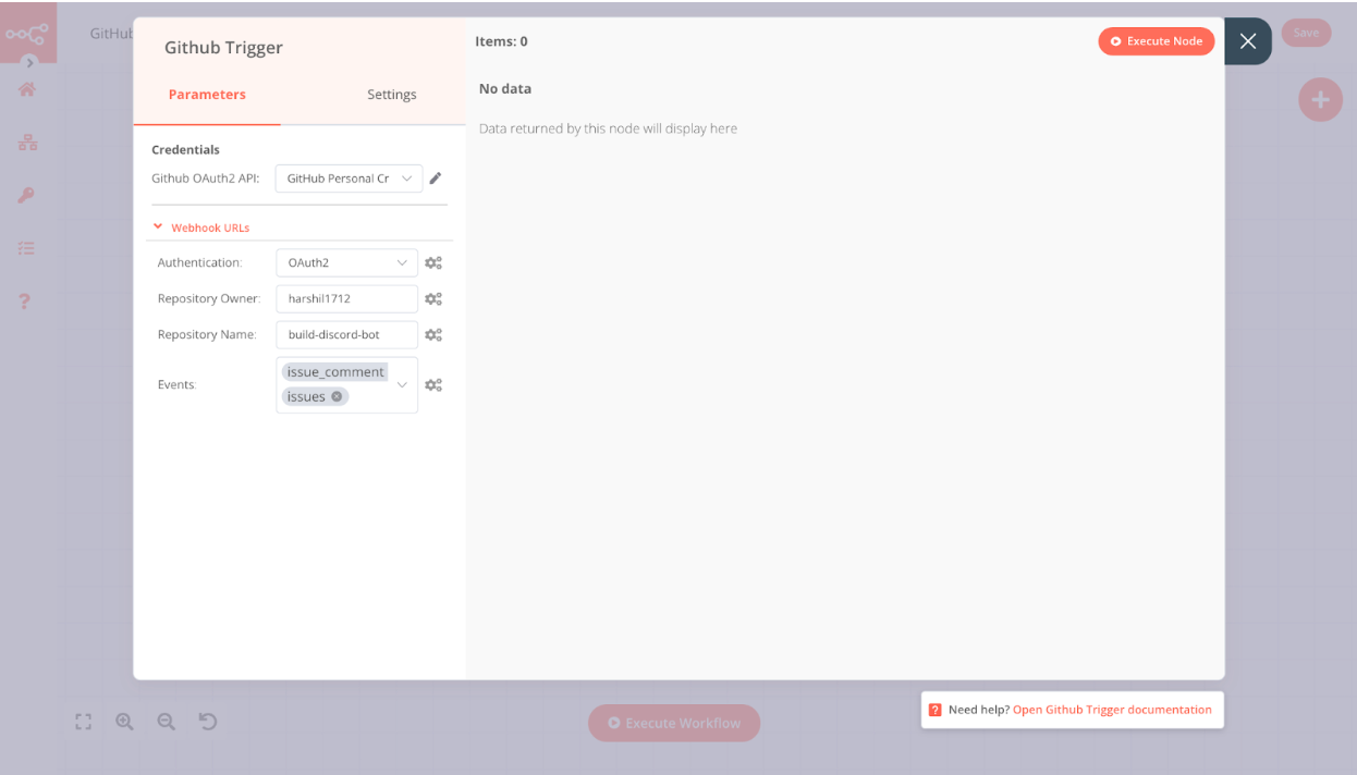 Configuration of GitHub Trigger node