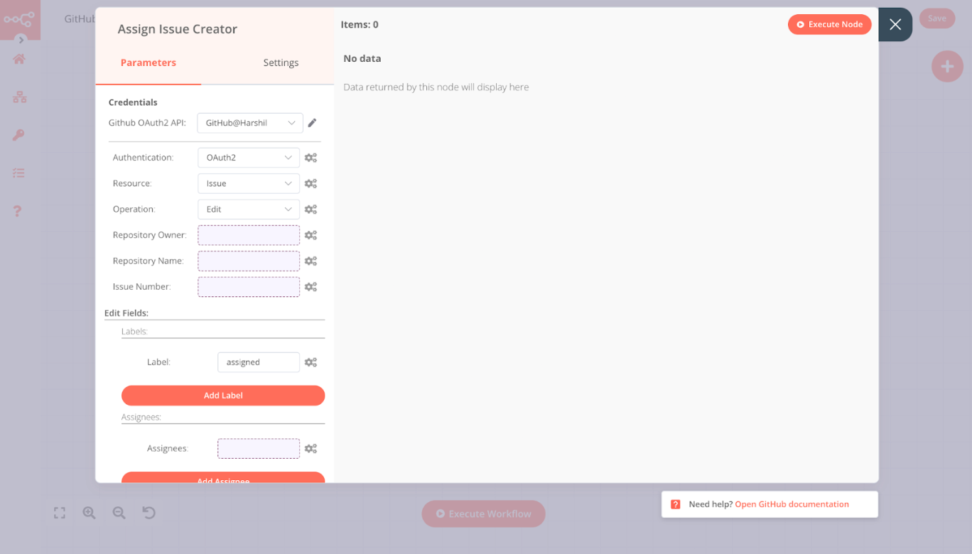 Configuration of GitHub node for issue assignment