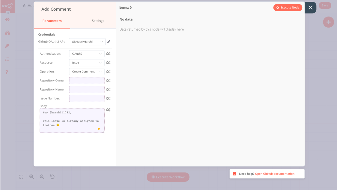 Configuration of GitHub node for commenting on issues