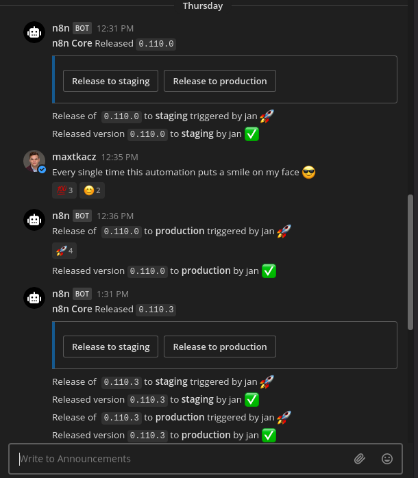 A Mattermost chat window with messages about n8n version releases posted by the n8n bot