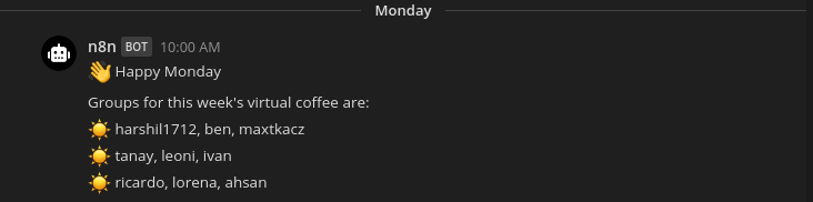 A Mattermost chat window with a message posted by the n8n bot announcing the groups for the weekly coffee chats