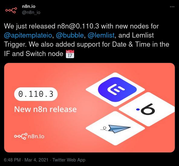 Tweet posted by n8n_io announcing the release of version 0.110.3, with an attached image showing the version number and three logos of new nodes
