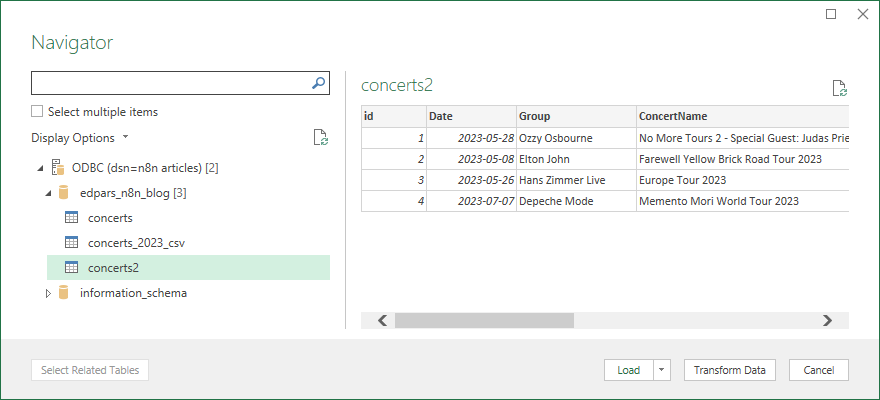 Import SQL table via Excel Navigator pane