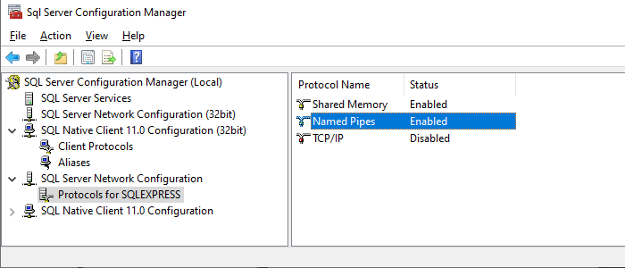 Check for the Named Pipe in the SQL Server Configuration Manager