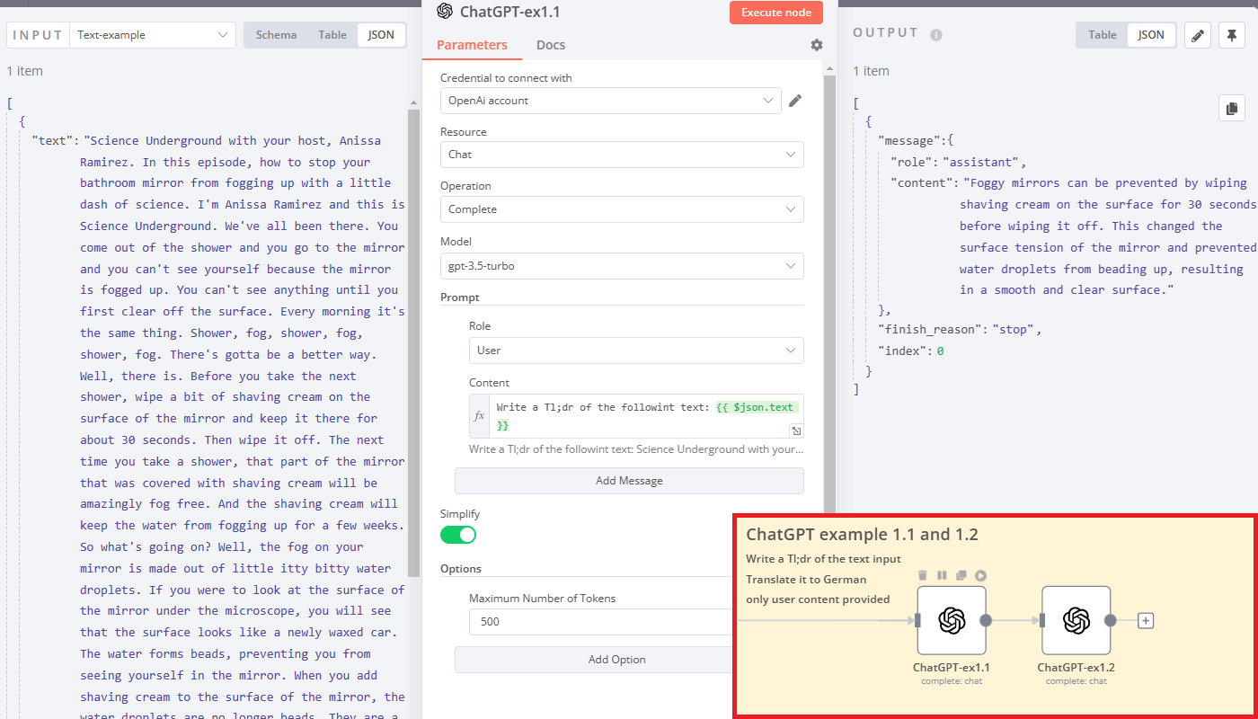 Example 1.1: Use-case with a single user role message in ChatGPT