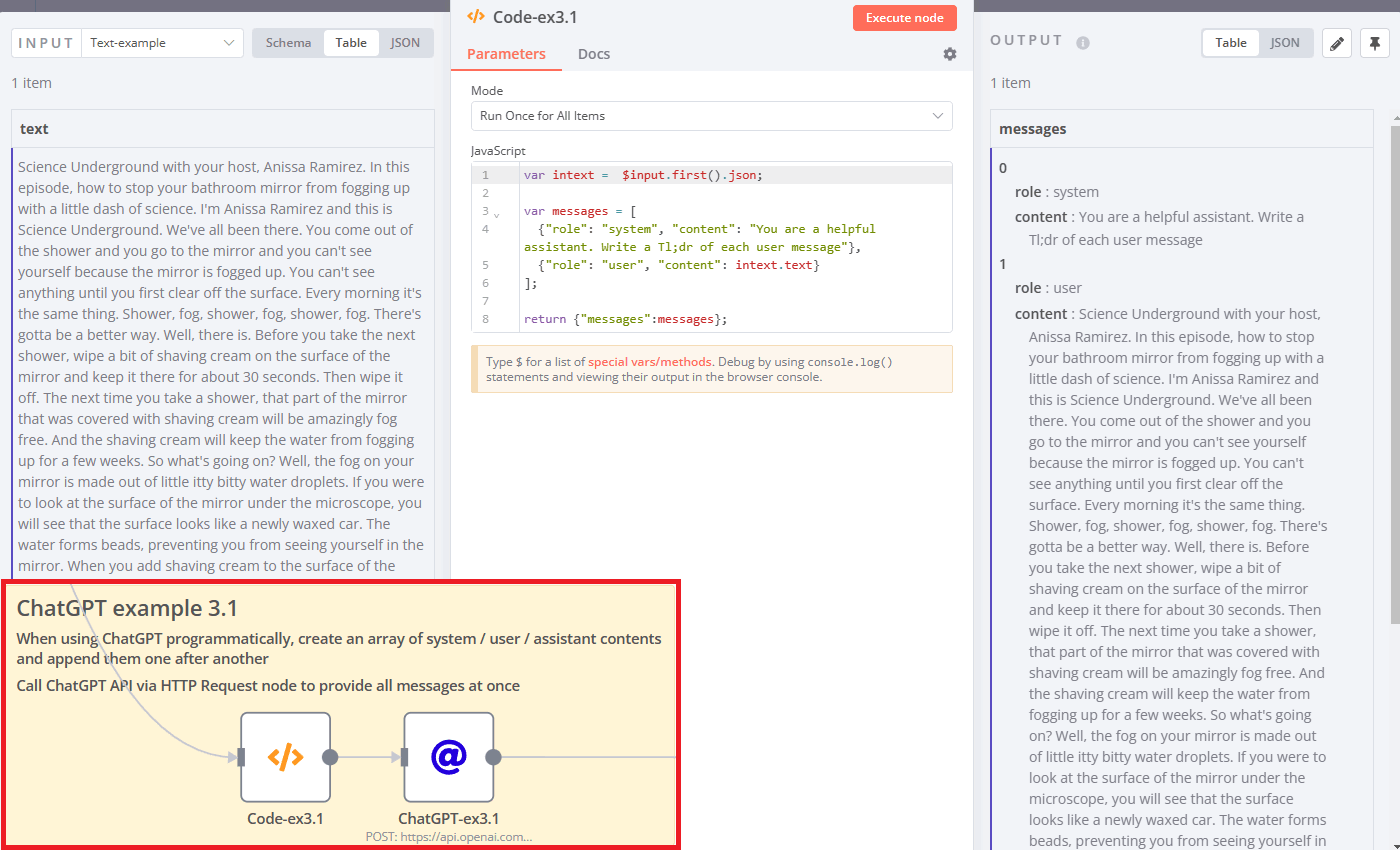 Example 3.1: How to create an array of messages for ChatGPT