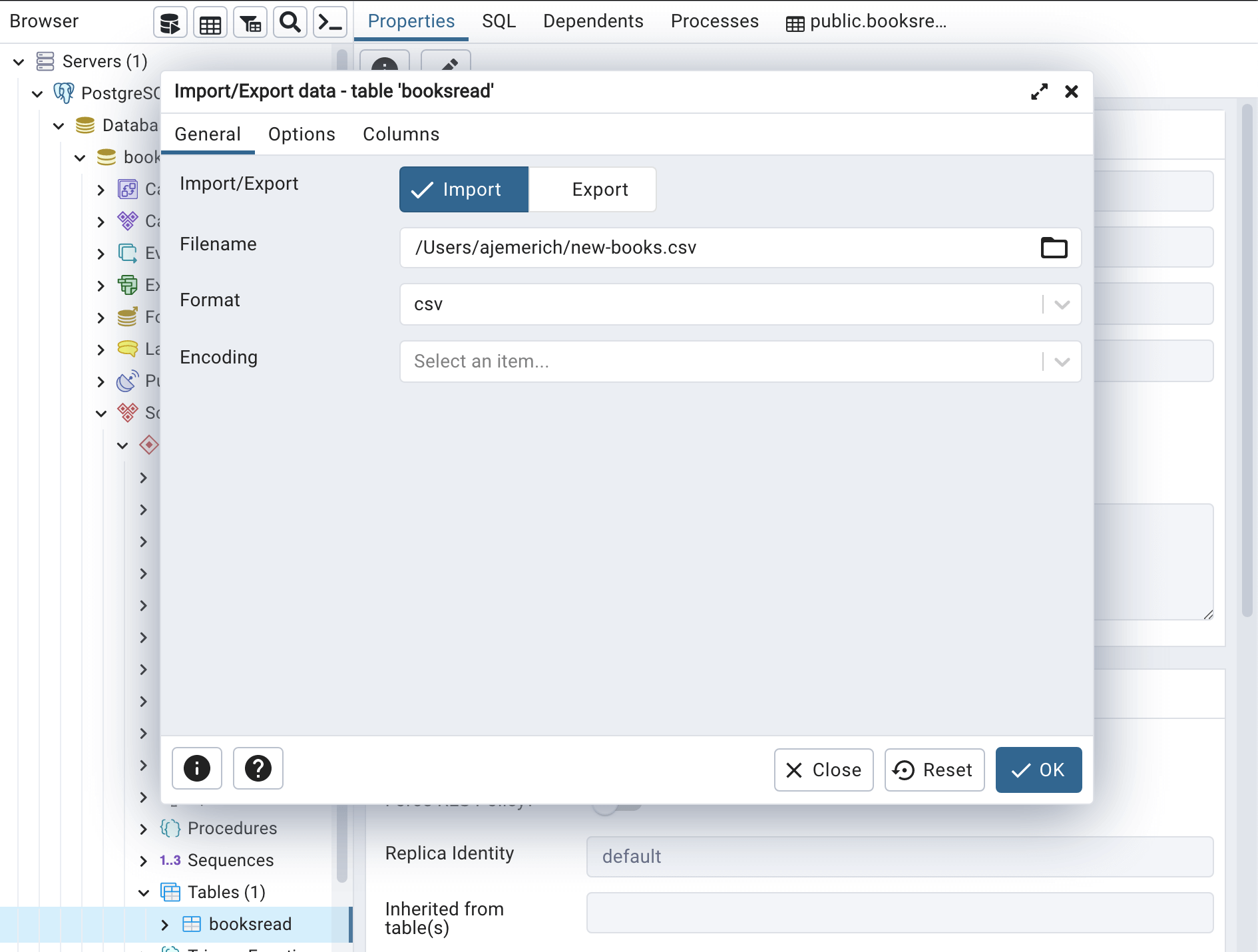 Import/Export Data dialog window