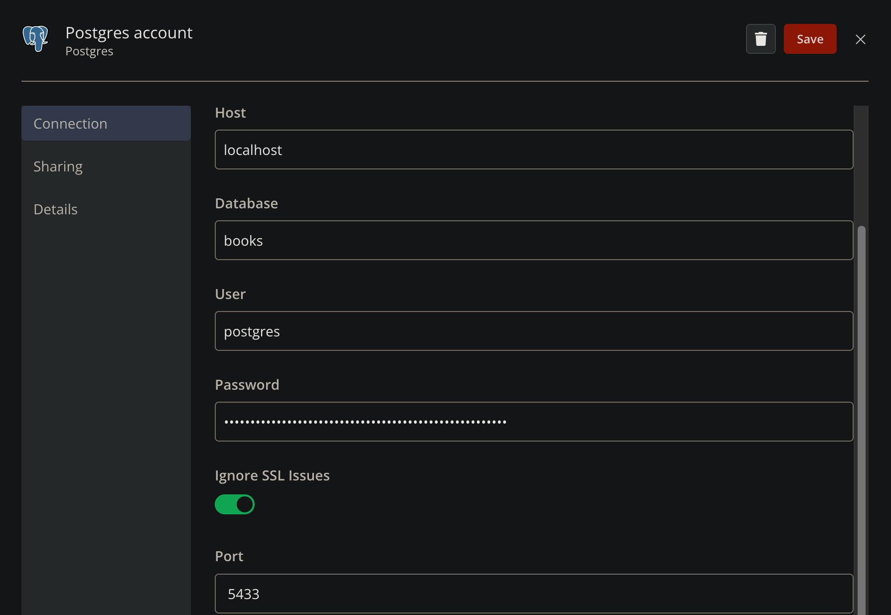 Enter PostgreSQL connection credentials