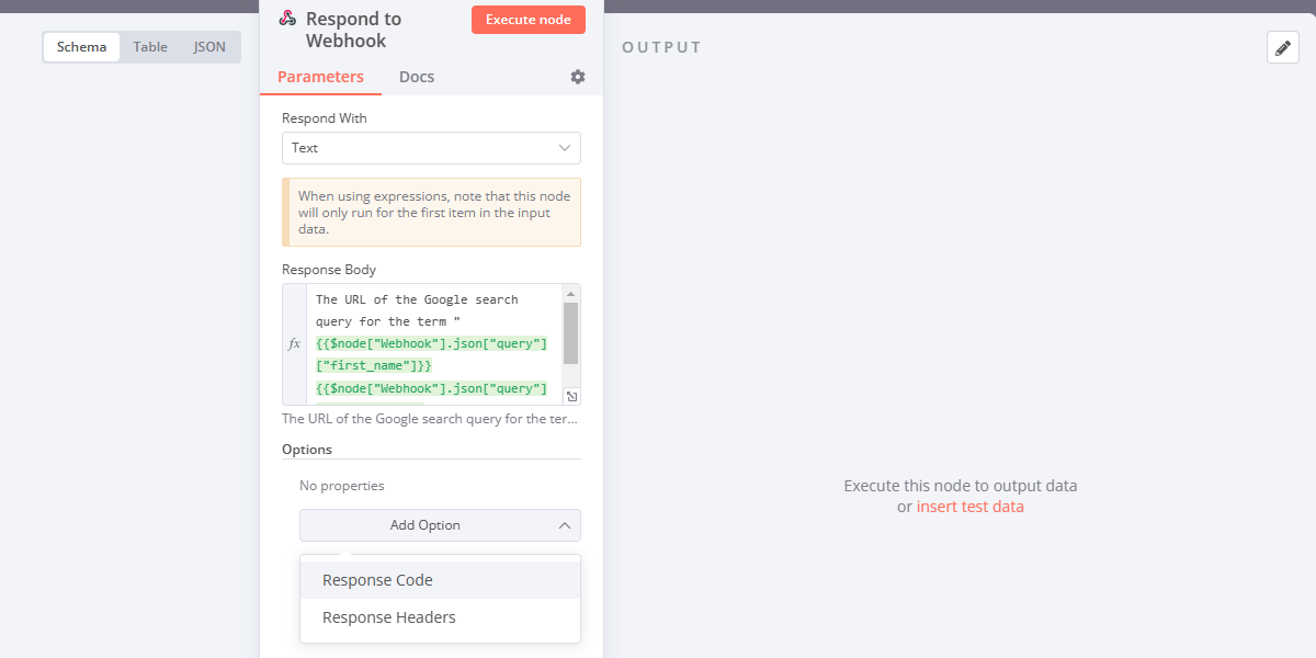 Configuration pane of the Respond to webhook node