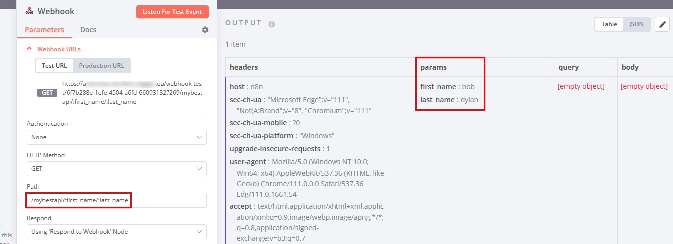 If you specify Path parameters, they land under the params JSON key