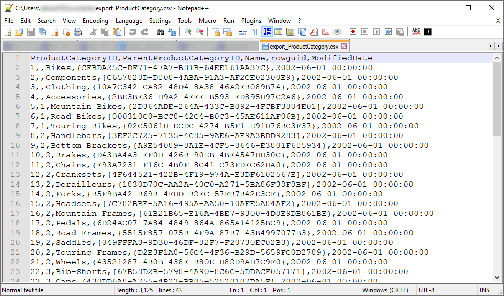 SQL table saved as CSV file