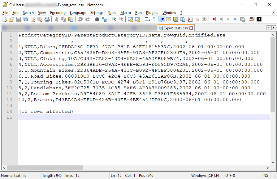 Default CSV export from the sqlcmd utility. Note the unnecessary data in lines 2 and 14