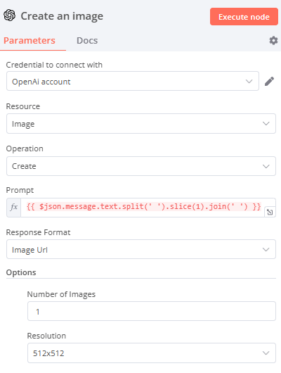 Example of OpenAI node configured for image generation