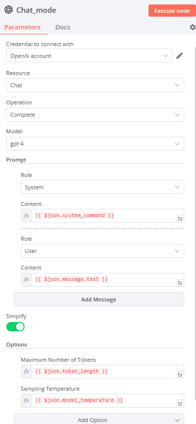 OpenAI node configured in chat completion mode via GPT model