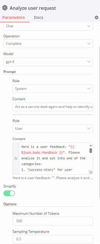 An example of GPT-4 configured to classify the incoming messages