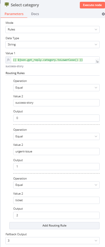 Switch node routes the replies based on the category assigned by GPT