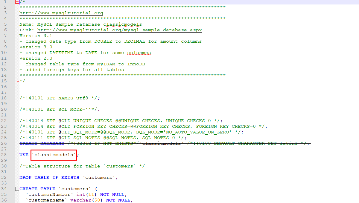 Remove the CREATE DATABASE statement and enter your database name in the USE statement