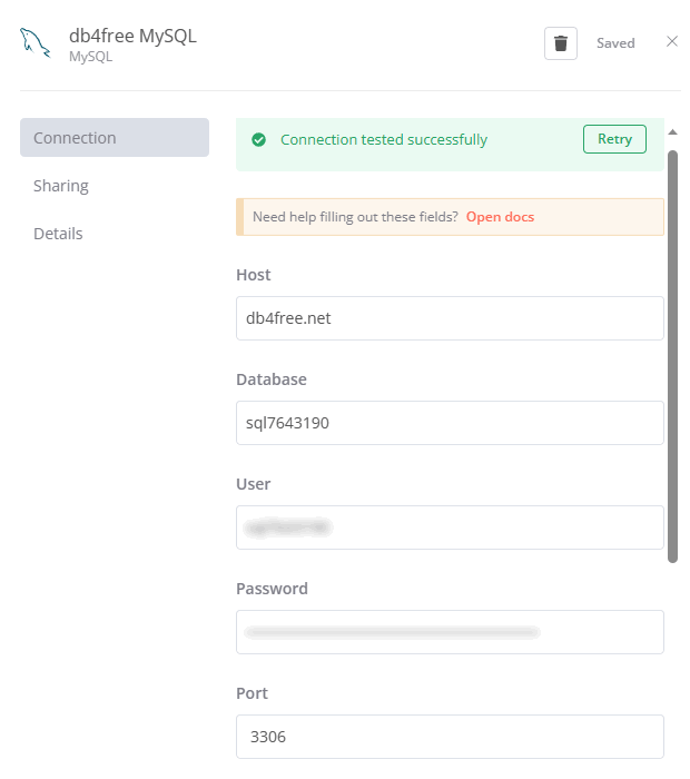 MySQL credentials for accessing the db4free database