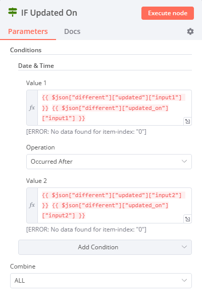 This IF node compares whether the first date-time value occurred later than value 2