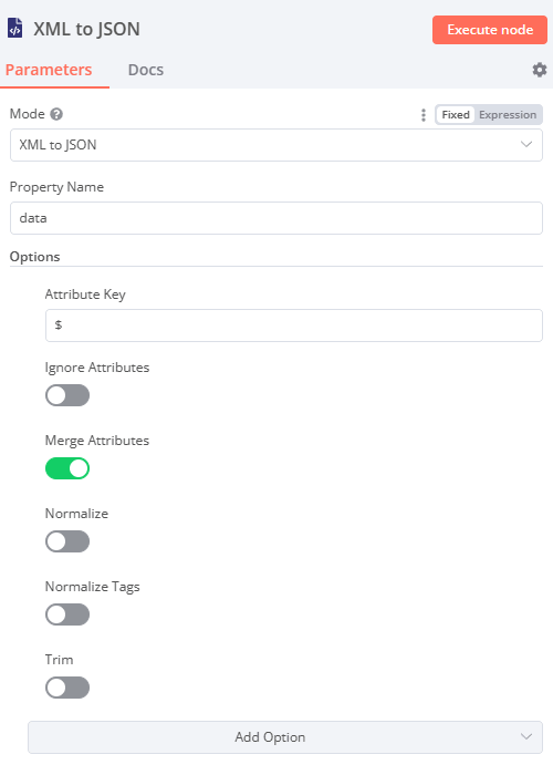 The XML node is capable of converting JSON to XML as well as XML to JSON