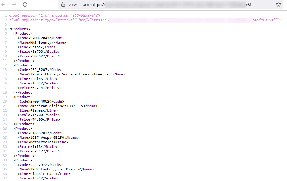 This XML is delivered via the n8n webhook. Note the second line, which contains a link to the XSL template file