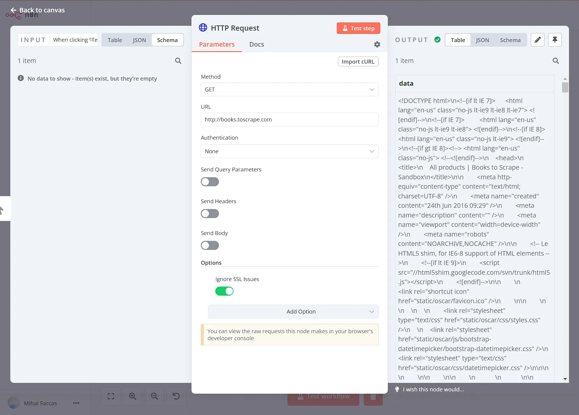 Configuration of HTTP Request node