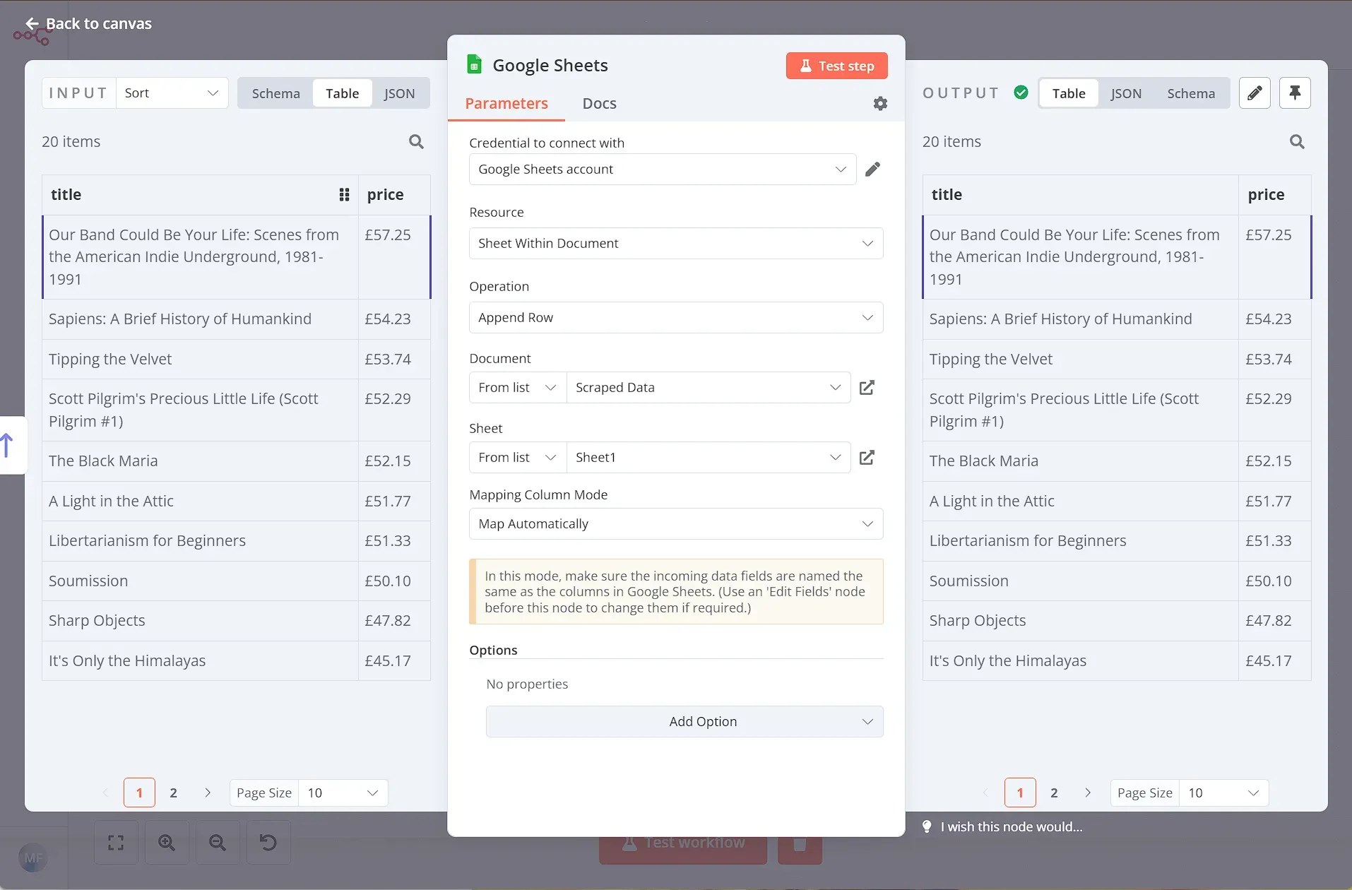 Configuration of Google Sheets node