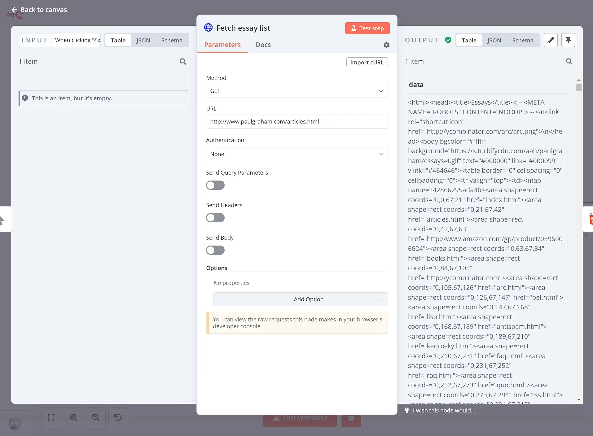 Configuration of the HTTP Request node