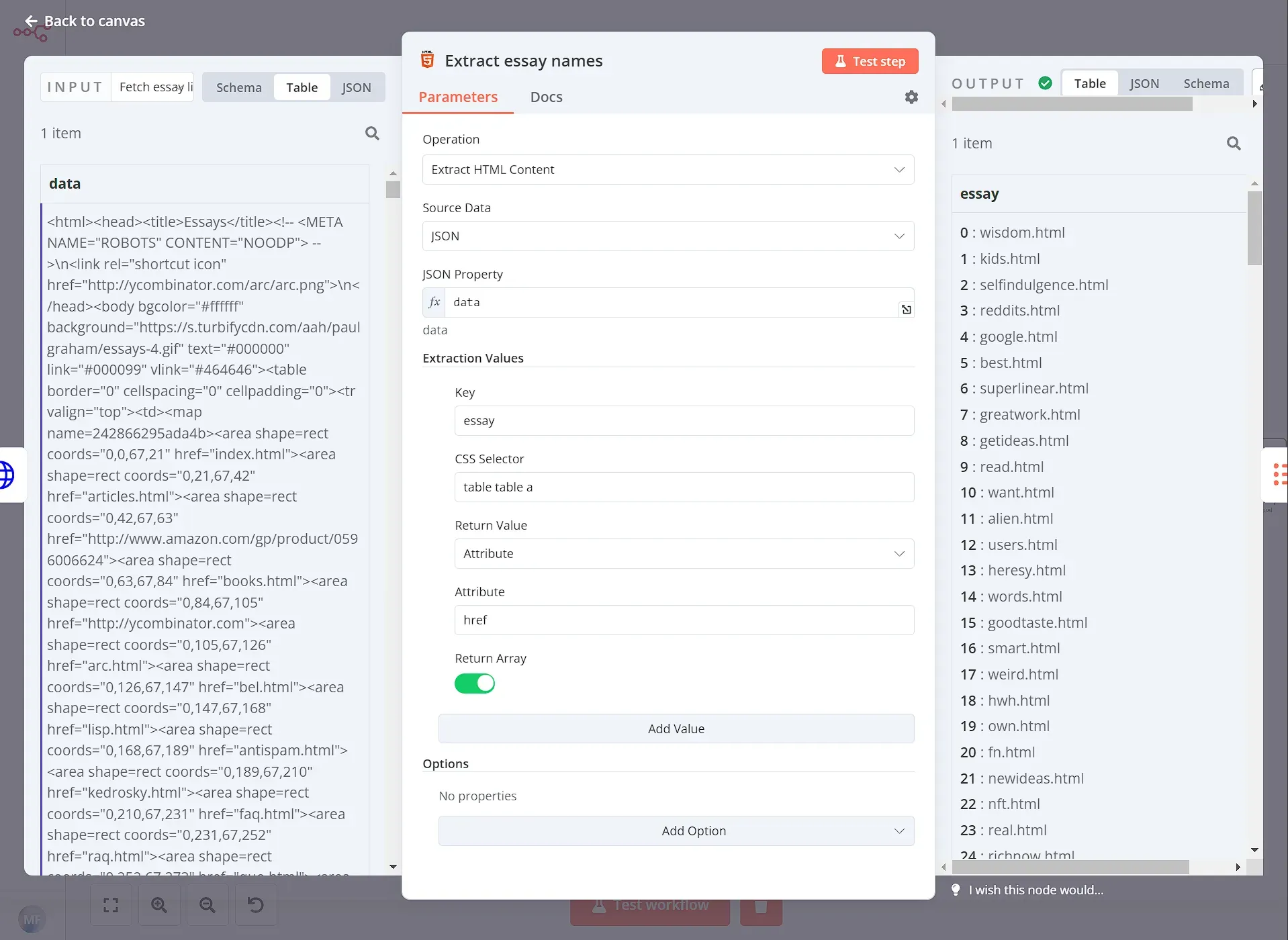 Configuration of the HTML Extract node