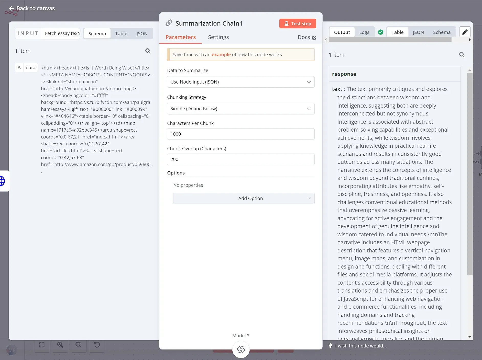 Configuration of the AI Summarization Chain node