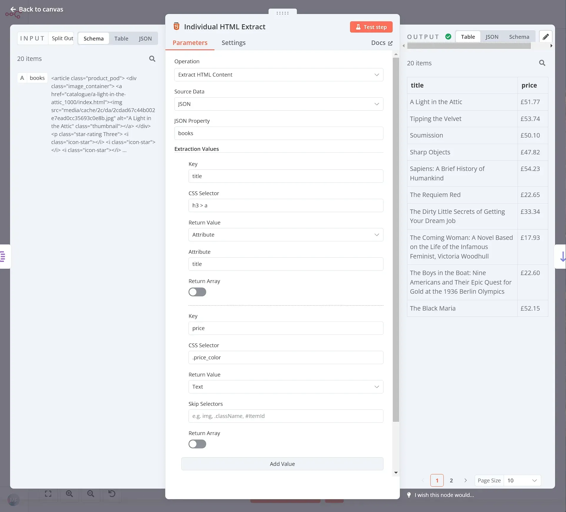 Configuration of HTML Extract node for each individual book