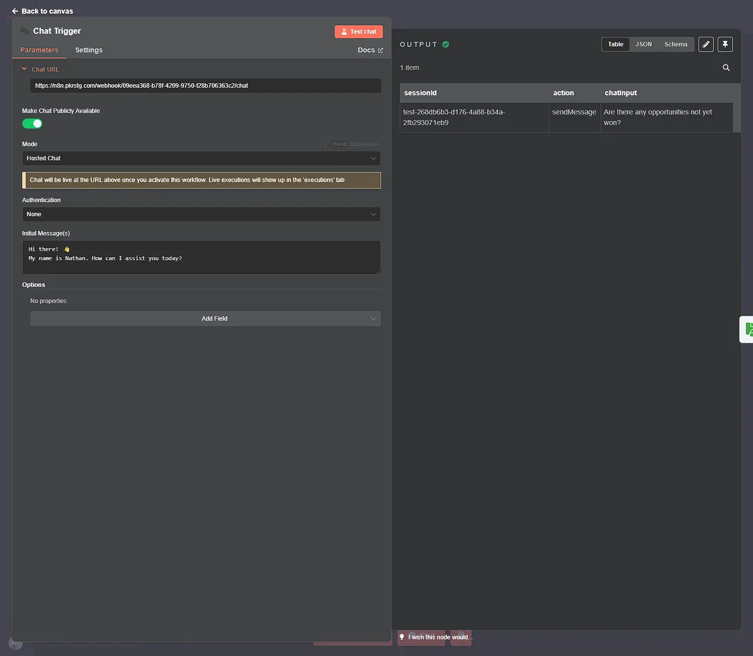 Configure the chat trigger node