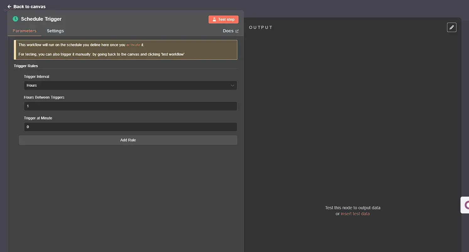 Configure the schedule trigger node