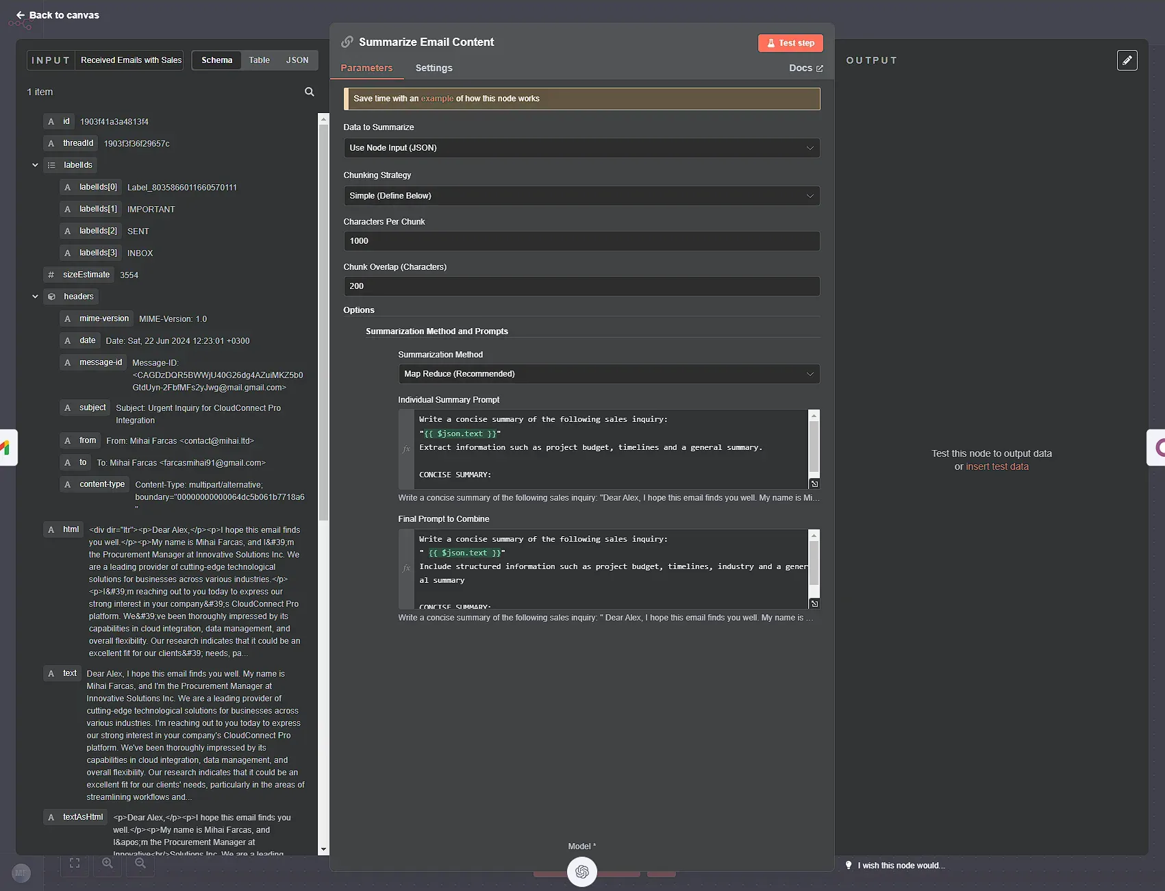 Configure the summarization chain node in n8n