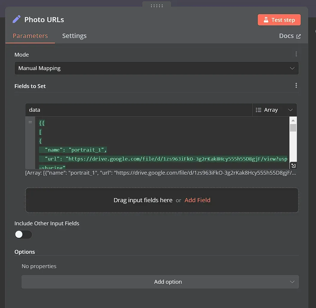 workflow data input using the Edit Fields node